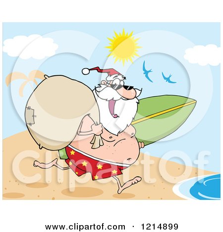 Cartoon of a Happy Santa Running with a Sack and Surfboard on a Beach - Royalty Free Vector Clipart by Hit Toon