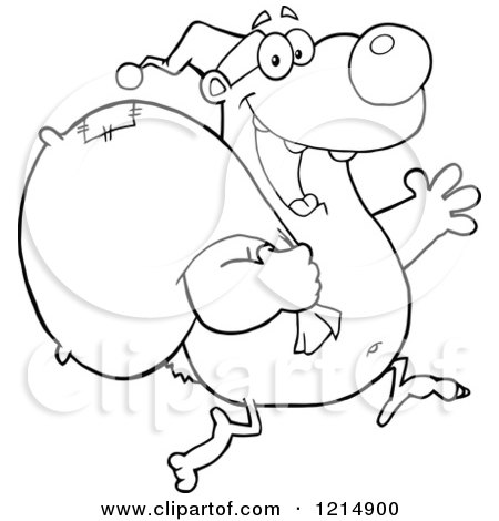 Cartoon of an Outlined Christmas Bear Santa Running with a Sack - Royalty Free Vector Clipart by Hit Toon