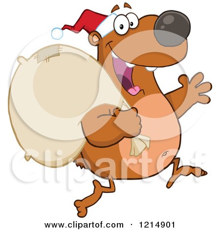 Cartoon of a Christmas Bear Santa Running with a Sack - Royalty Free Vector Clipart by Hit Toon