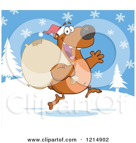 Cartoon of a Brown Christmas Bear Santa Running with a Sack in the Snow - Royalty Free Vector Clipart by Hit Toon