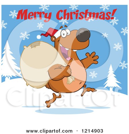 Cartoon of a Merry Christmas Greeting over a Bear Santa Running with a Sack - Royalty Free Vector Clipart by Hit Toon