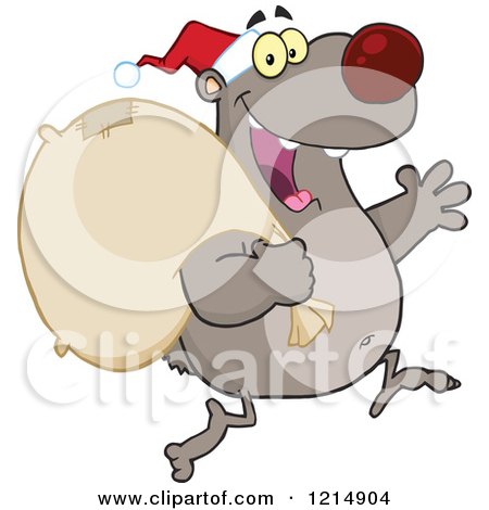 Cartoon of a Christmas Bear Santa Running with a Sack 2 - Royalty Free Vector Clipart by Hit Toon