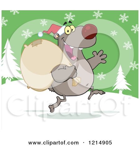 Cartoon of a Gray Christmas Bear Santa Running with a Sack in the Snow - Royalty Free Vector Clipart by Hit Toon