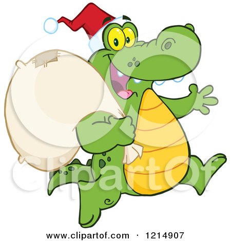 Cartoon of a Christmas Santa Crocodile Running with a Sack - Royalty Free Vector Clipart by Hit Toon