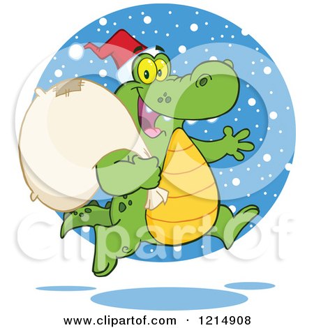 Cartoon of a Christmas Santa Crocodile Running with a Sack in the Snow - Royalty Free Vector Clipart by Hit Toon