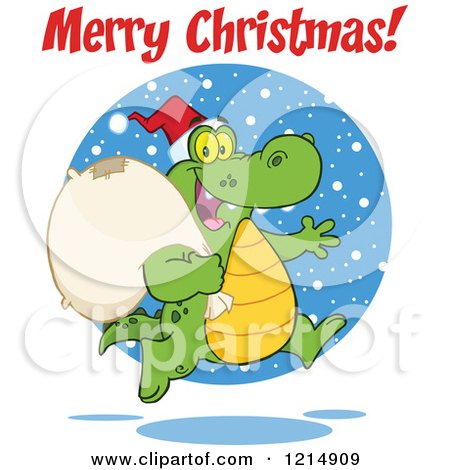 Cartoon of a Merry Christmas Greeting over a Santa Crocodile Running with a Sack - Royalty Free Vector Clipart by Hit Toon