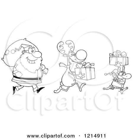 Cartoon of an Outlined Christmas Elf Reindeer and Santa with Gifts and a Sack - Royalty Free Vector Clipart by Hit Toon