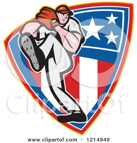 Clipart of a Baseball Player Athlete Pitching over a Patriotic Shield - Royalty Free Vector Illustration by patrimonio