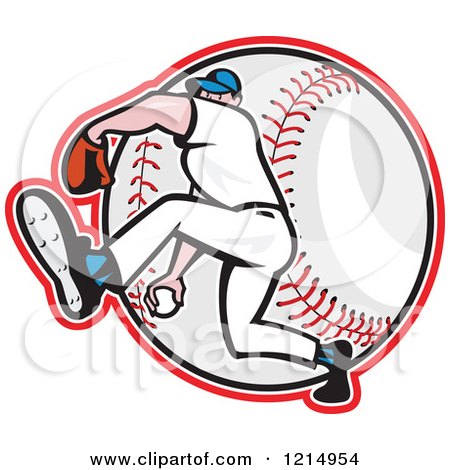 Clipart of a Baseball Player Athlete Pitching over a Ball - Royalty Free Vector Illustration by patrimonio