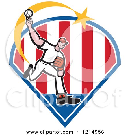 Clipart of a Baseball Player Athlete Pitching over Stripes - Royalty Free Vector Illustration by patrimonio