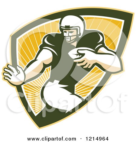 Clipart of a Running Back American Football Player in a Shield of Rays - Royalty Free Vector Illustration by patrimonio