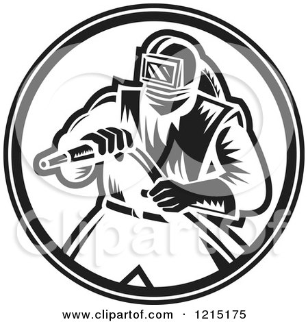 Clipart Of A Retro Black And White Sand Blaster Man Holding A Hose 2 - Royalty Free Vector Illustration by patrimonio