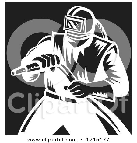 Clipart Of A Retro Black And White Sand Blaster Man Holding A Hose 4 - Royalty Free Vector Illustration by patrimonio