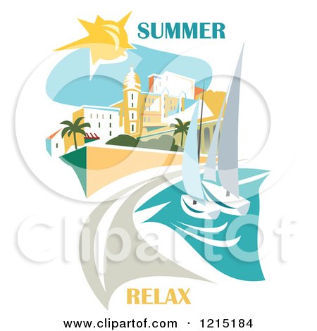 Clipart of a Beach Scene with Sailboats Buildings and Summer Relax Text - Royalty Free Vector Illustration by Eugene