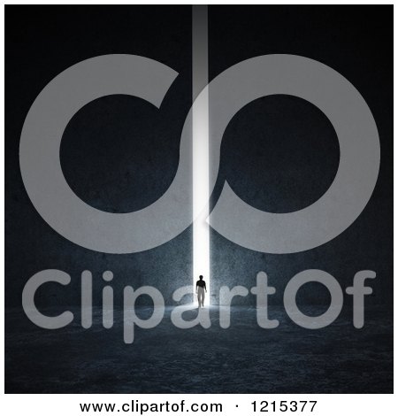 Clipart of a 3d Tiny Man Silhouetted Against Bright Light from a Narrow Passage - Royalty Free Illustration by Mopic