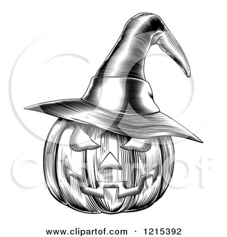 Clipart of a Black and White Halloween Woodcut Jackolantern Pumpkin Wearing a Witch Hat 2 - Royalty Free Vector Illustration by AtStockIllustration