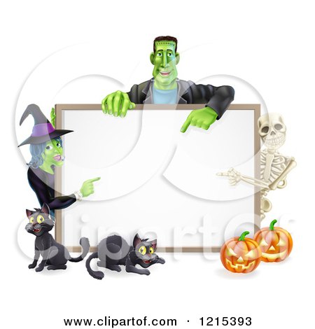 Clipart of a Happy Witch Skeleton and Frankenstein Pointing to a White Board Sign over Pumpkins and Black Cats - Royalty Free Vector Illustration by AtStockIllustration