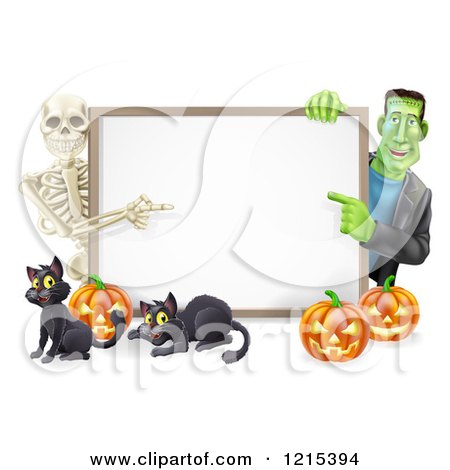 Clipart of a Happy Skeleton and Frankenstein Pointing to a White Board Sign over Pumpkins and Black Cats - Royalty Free Vector Illustration by AtStockIllustration