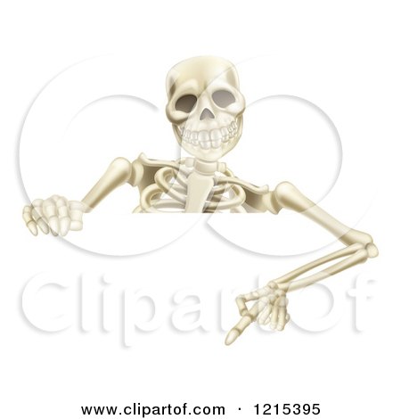 Clipart of a Happy Human Skeleton Pointing down to a Halloween Sign - Royalty Free Vector Illustration by AtStockIllustration