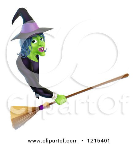 Clipart of a Green Halloween Witch Holding a Broom and Pointing to a Sign Board - Royalty Free Vector Illustration by AtStockIllustration