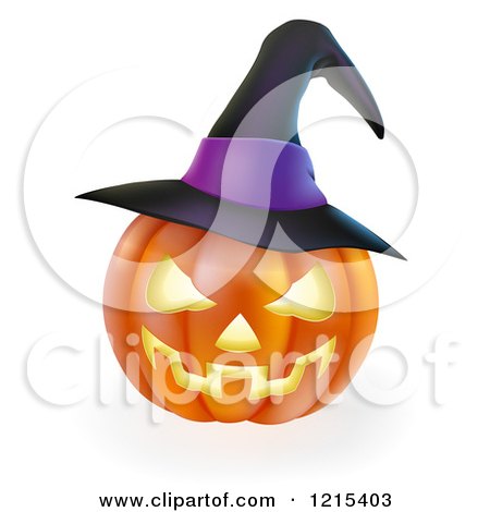 Clipart of a Carved Halloween Jackolantern Pumpkin with a Purple Witch Hat - Royalty Free Vector Illustration by AtStockIllustration