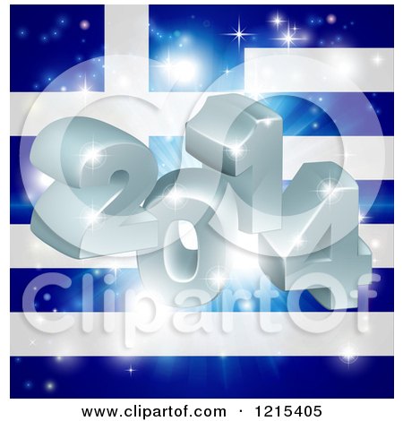 Clipart of a 3d 2014 and Fireworks over a Greek Flag - Royalty Free Vector Illustration by AtStockIllustration