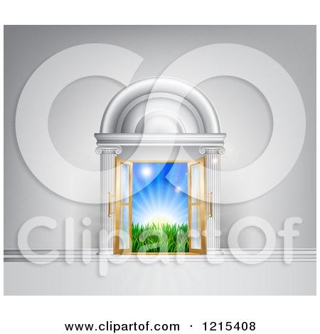 Clipart of an Archway and Open Doors Leading to Sunshine and Grass - Royalty Free Vector Illustration by AtStockIllustration