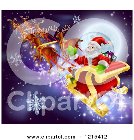 Clipart of Reindeer and Santa in His Magic Sleigh Against a Full Moon with Snowflakes - Royalty Free Vector Illustration by AtStockIllustration