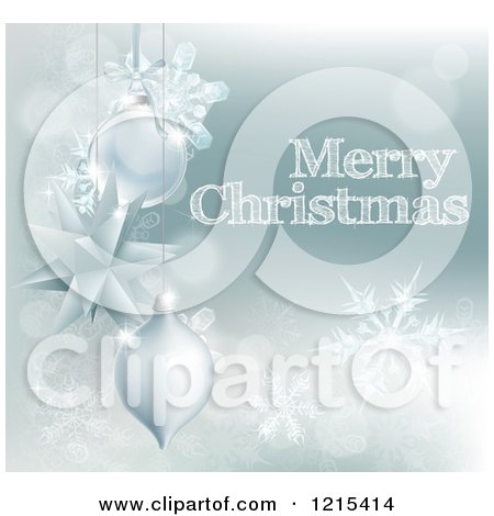Clipart of a Merry Christmas Greeting with Snowflakes and Suspended Silver Baubles - Royalty Free Vector Illustration by AtStockIllustration