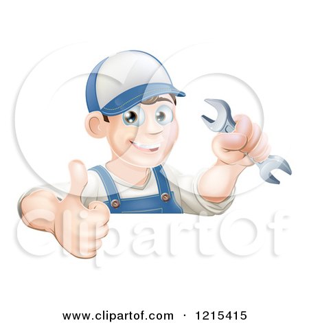 Clipart of a Happy Brunette Mechanic Man Wearing a Hat, Holding a Wrench and a Thumb up - Royalty Free Vector Illustration by AtStockIllustration