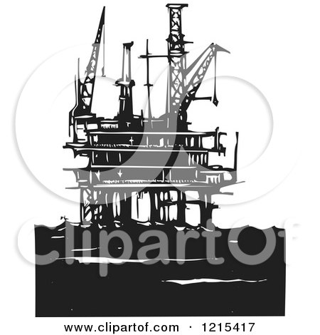 Clipart of a Woodcut Oil Rig Platform in Black and White - Royalty Free Vector Illustration by xunantunich