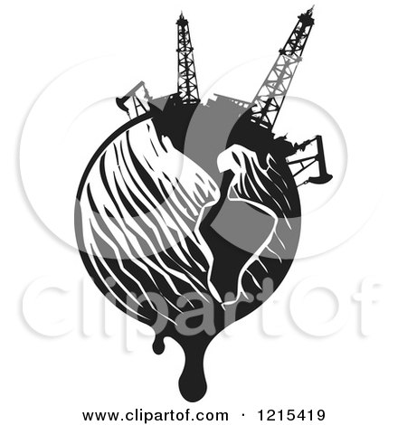 Clipart of a Woodcut Dripping Oil Earth in Black and White - Royalty Free Vector Illustration by xunantunich