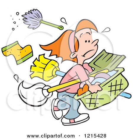 Clipart of a Cartoon Girl Carrying Cleaning Supplies and Laundry for Never Ending Chores - Royalty Free Vector Illustration by Johnny Sajem