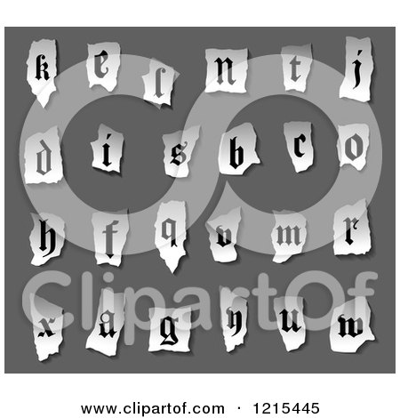 Clipart of Vintage Alphabet Letters on Torn Paper over Gray - Royalty Free Vector Illustration by Vector Tradition SM