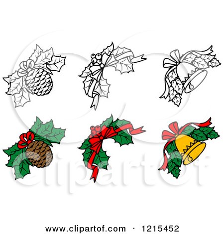 Clipart of Black and White and Colored Christmas Holly with Pine Cones Bells and Bows - Royalty Free Vector Illustration by Vector Tradition SM