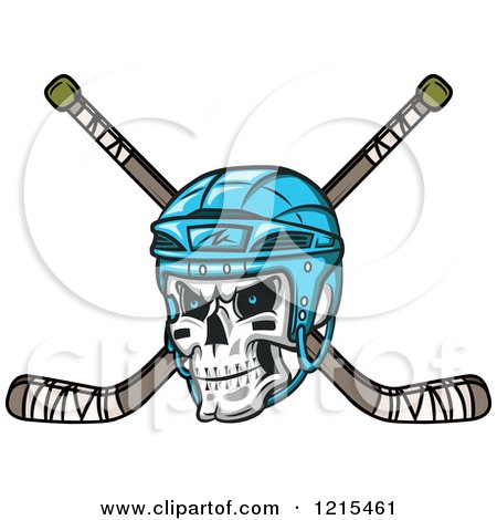 Clipart of a Grinning Skull with a Blue Hockey Helmet over Crossed Sticks - Royalty Free Vector Illustration by Vector Tradition SM