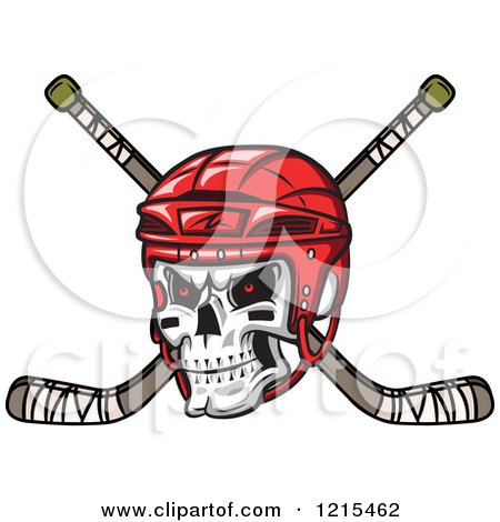 Clipart of a Grinning Skull with a Red Hockey Helmet over Crossed Sticks - Royalty Free Vector Illustration by Vector Tradition SM
