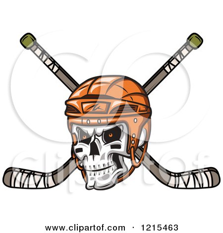 Clipart of a Grinning Skull with an Orange Hockey Helmet over Crossed Sticks - Royalty Free Vector Illustration by Vector Tradition SM