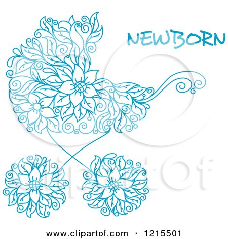 Clipart of a Blue Floral Doodle Baby Carriage and Newborn Text - Royalty Free Vector Illustration by Vector Tradition SM