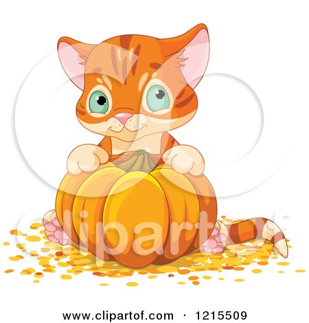 Clipart of a Cute Orange Kitten Sitting Behind a Pumpkin - Royalty Free Vector Illustration by Pushkin