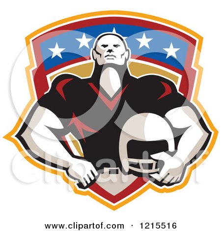 Clipart of a Tackle Linebacker American Football Player Holding a Helmet over a Shield - Royalty Free Vector Illustration by patrimonio