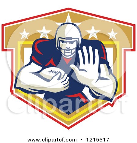 Clipart of a Running Back American Football Player Holding out a Hand over a Shield - Royalty Free Vector Illustration by patrimonio