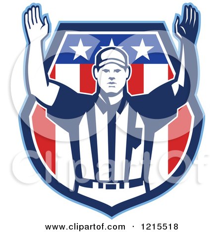 Clipart of a Retro American Football Referee Holding His Arms up for Touchdown - Royalty Free Vector Illustration by patrimonio
