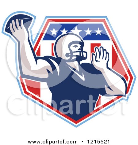 Clipart of a Quaterback American Football Player Throwing over a Patriotic Crest Shield - Royalty Free Vector Illustration by patrimonio