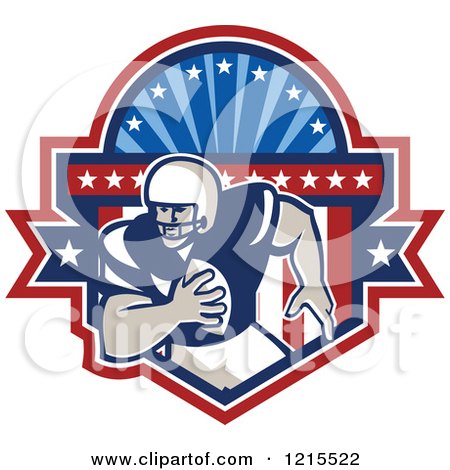 Clipart of a Running Quaterback American Football Player in a Patriotic Crest Shield - Royalty Free Vector Illustration by patrimonio