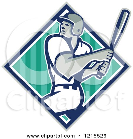 Clipart of a Baseball Player Swinging over a Striped Diamond - Royalty Free Vector Illustration by patrimonio