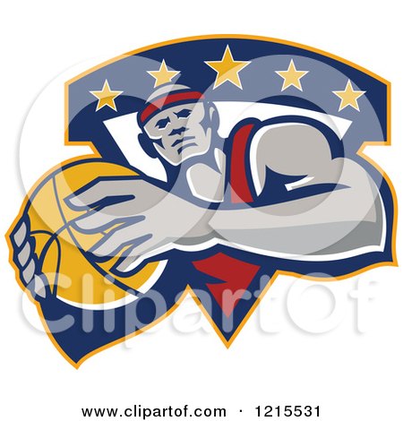 Clipart of a African American Basketball Player with a Ball over a Triangle with Stars - Royalty Free Vector Illustration by patrimonio