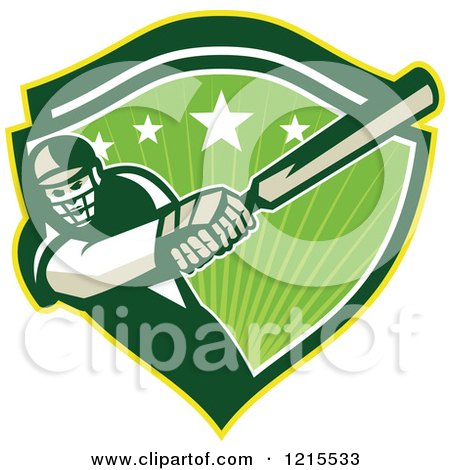 Clipart of a Batsman Cricket Player Swinging in a Green Shield with Stars and Sunshine - Royalty Free Vector Illustration by patrimonio