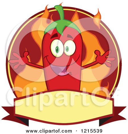 Clipart of a Happy Red Chili Pepper Character and Flames on a Label - Royalty Free Vector Illustration by Hit Toon