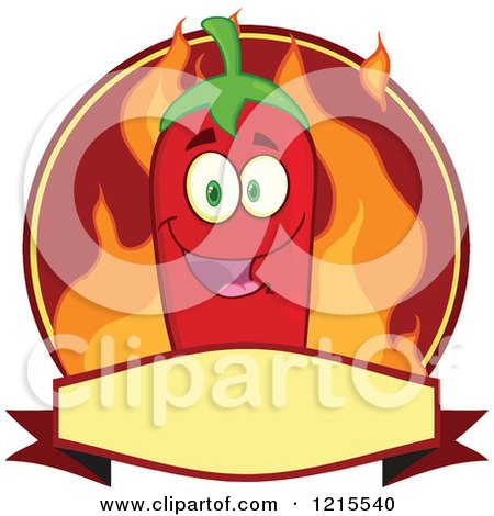 Clipart of a Red Chili Pepper Character and Flames on a Label - Royalty Free Vector Illustration by Hit Toon